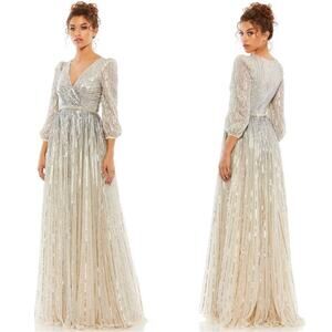 NEW Mac Duggal Sequined Wrap Over 3/4 Sleeve Gown